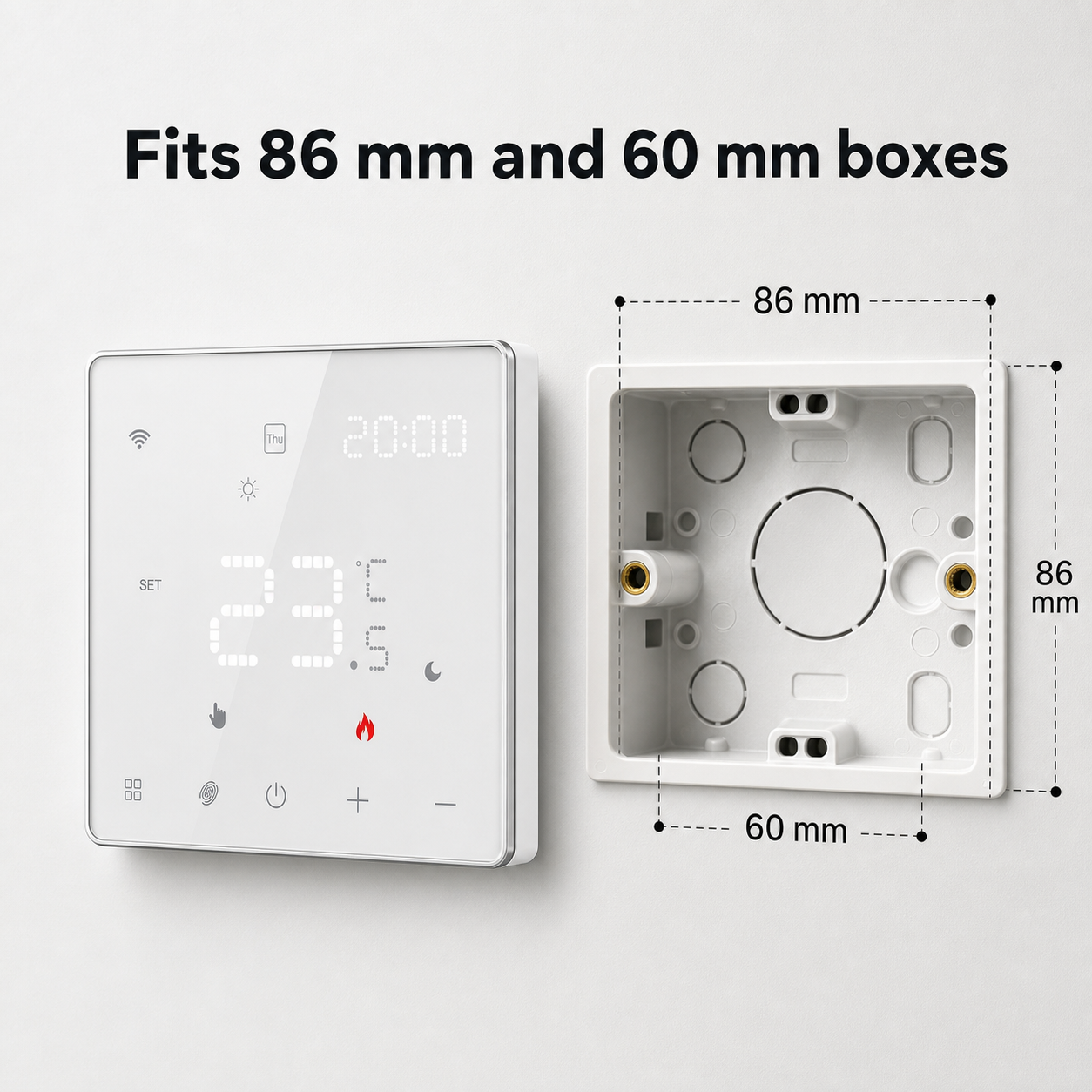 Schéma de compatibilité du thermostat NéoPure Comfort avec boîtiers encastrés 86 mm et 60 mm.