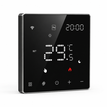 Thermostat mural intelligent noir NéoPure Comfort en packshot studio.