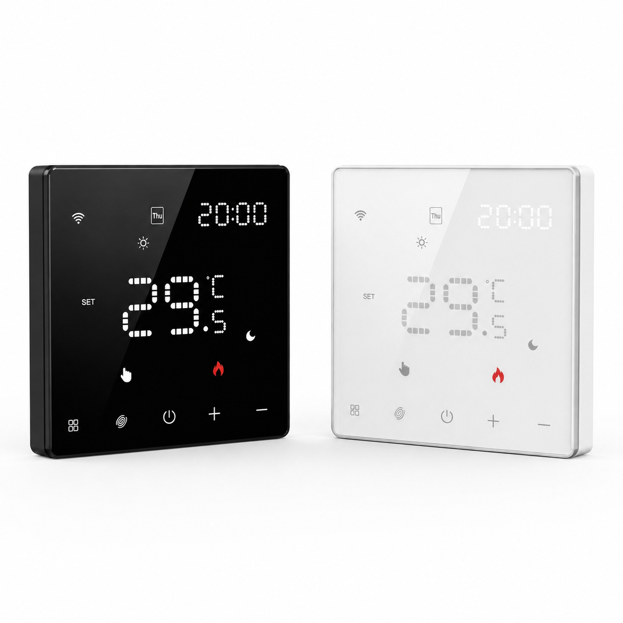 Thermostats muraux intelligents noir et blanc NéoPure Comfort avec écran LED en studio.