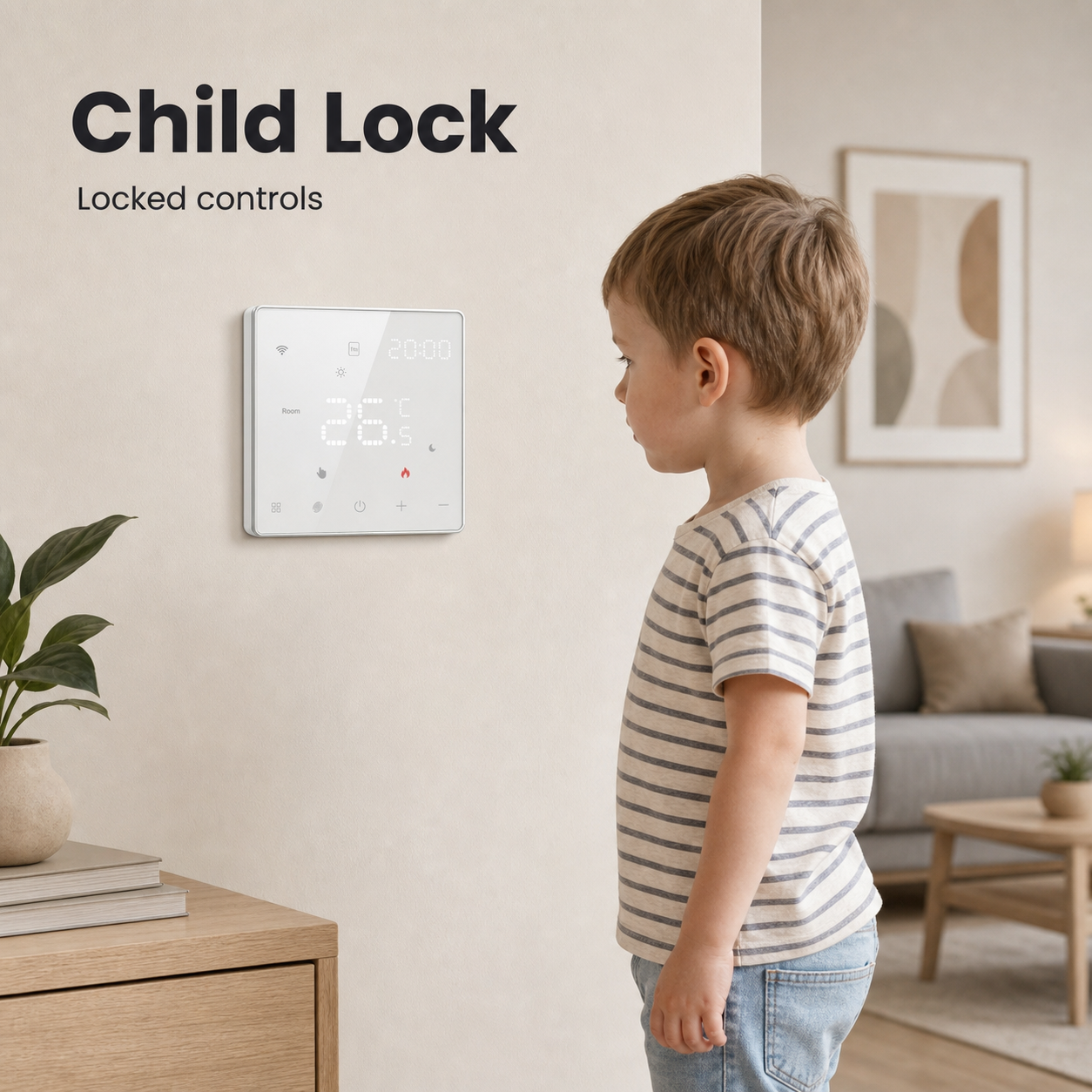 Scène maison montrant le verrouillage enfant du thermostat mural NéoPure Comfort.