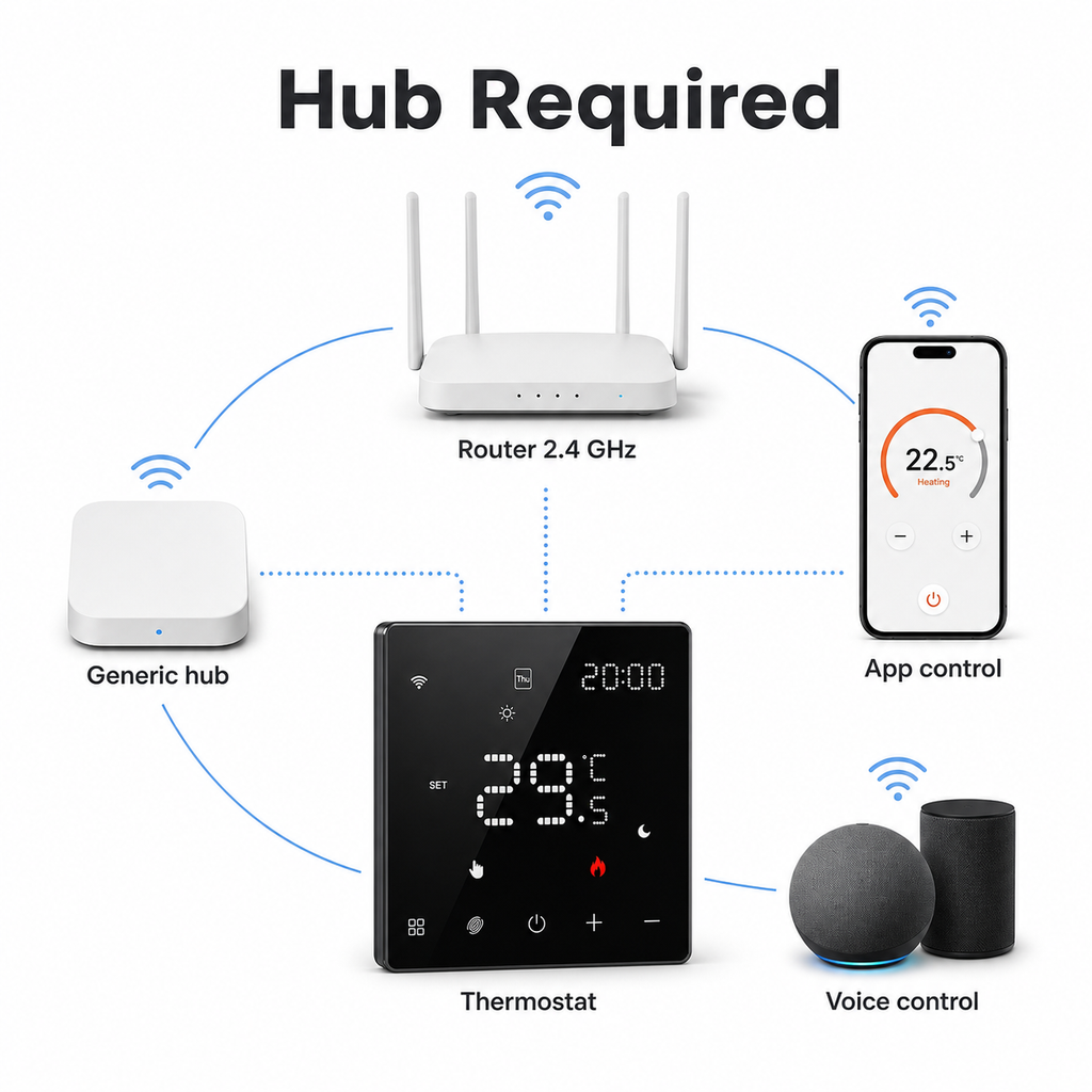 Diagramme de connexion avec hub générique, routeur 2,4 GHz, application et thermostat NéoPure Comfort.