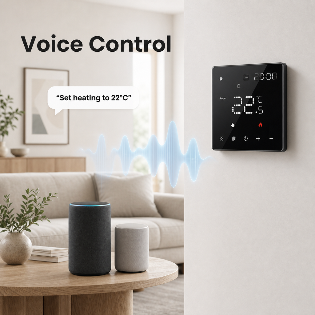 Contrôle vocal générique du thermostat mural NéoPure Comfort dans un salon moderne.