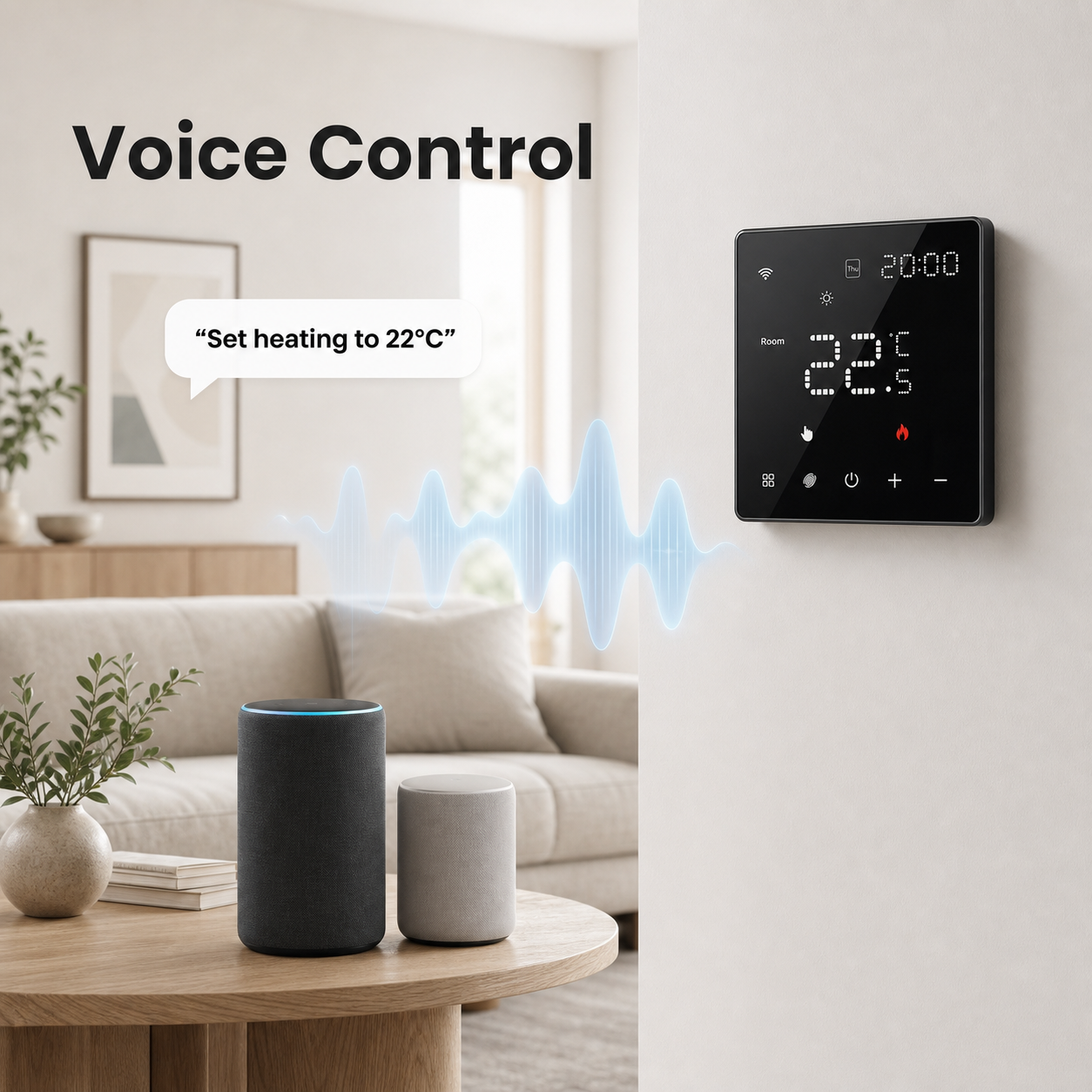 Contrôle vocal générique du thermostat mural NéoPure Comfort dans un salon moderne.