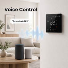 Contrôle vocal générique du thermostat mural NéoPure Comfort dans un salon moderne.