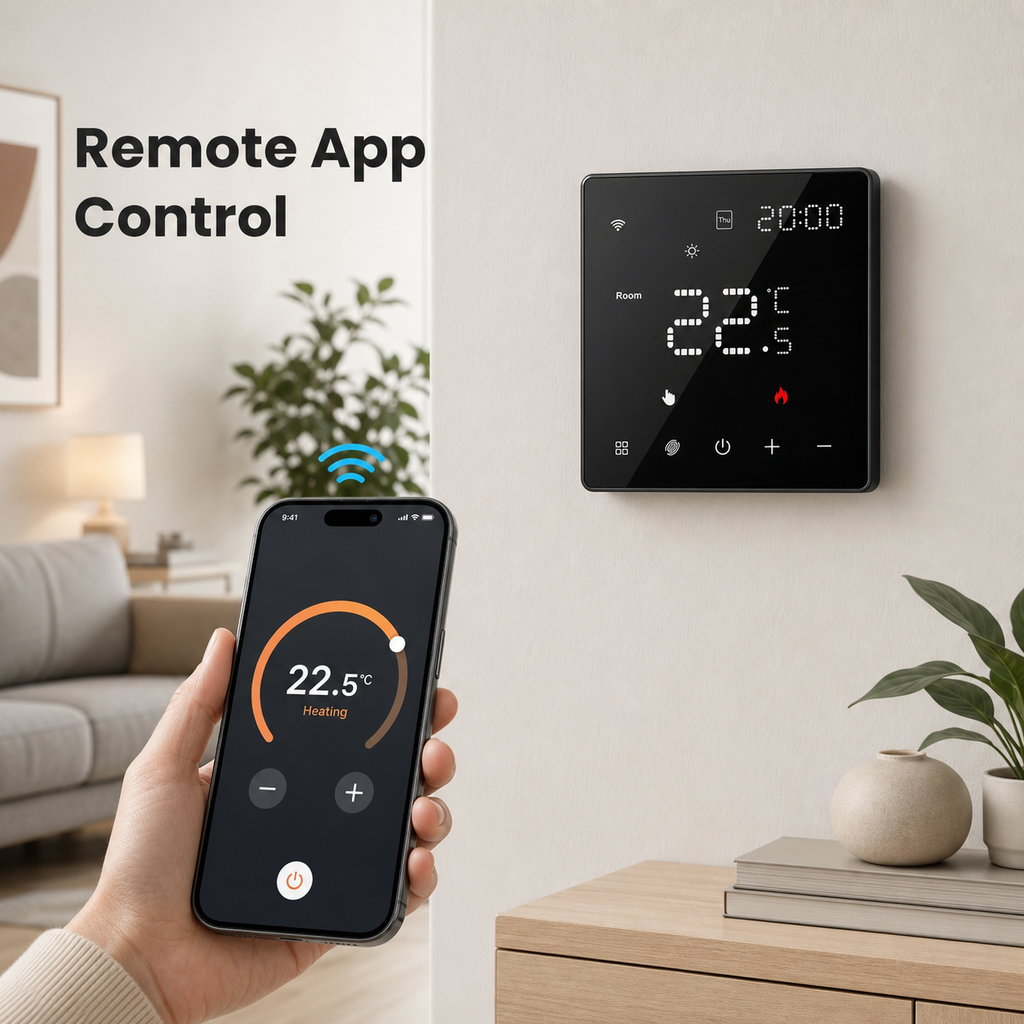 Contrôle à distance du thermostat mural NéoPure Comfort depuis une application mobile générique.