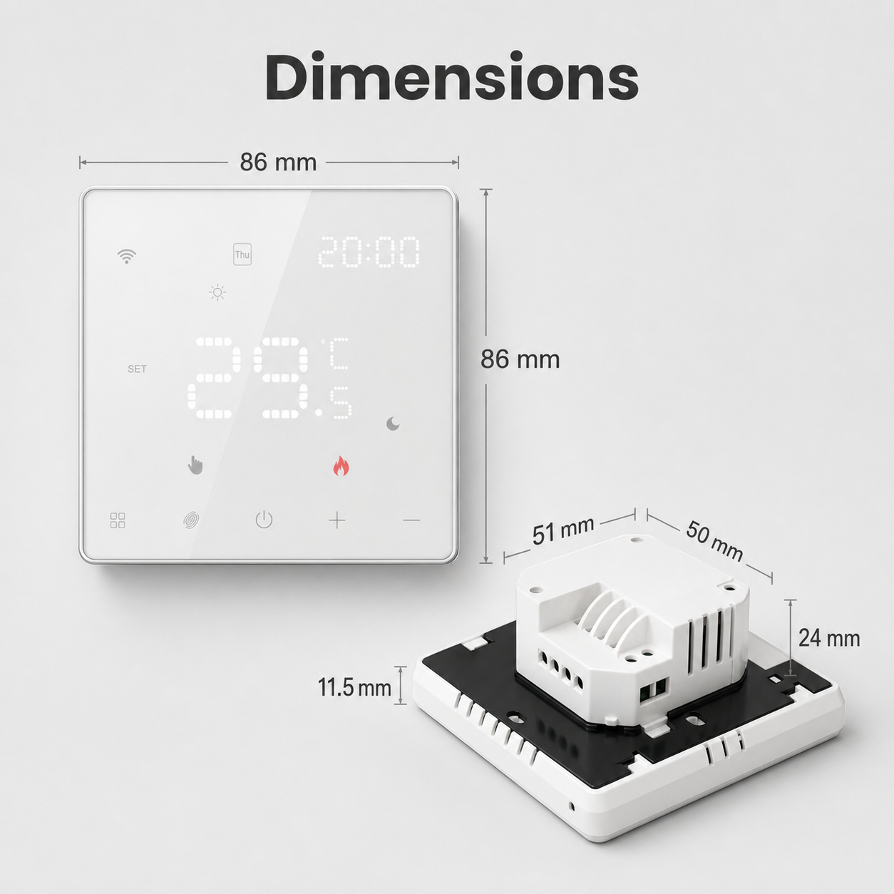 Schéma des dimensions du thermostat mural NéoPure Comfort et de son module arrière.