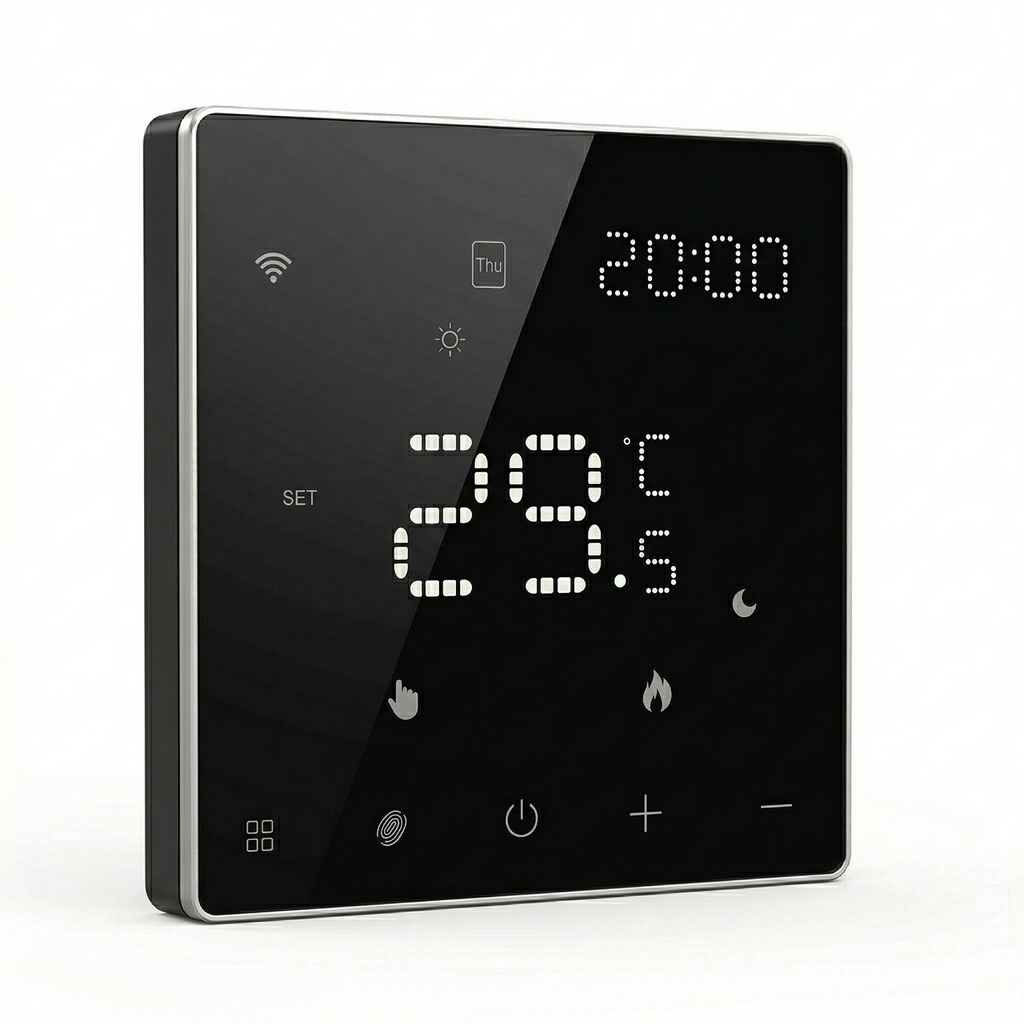 Thermostat mural intelligent NéoPure Comfort noir sur fond blanc, vu de face avec écran LED tactile.