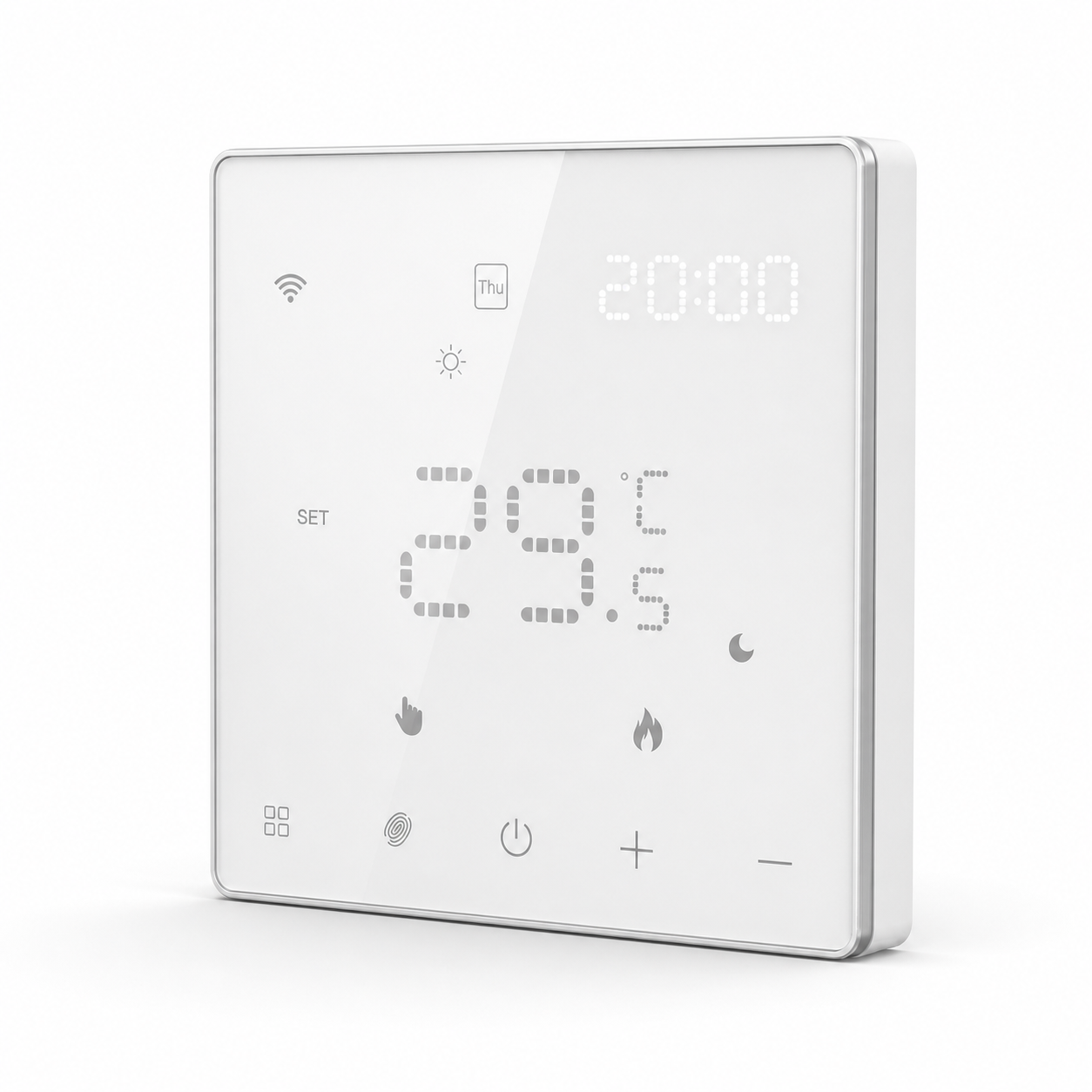Thermostat mural intelligent blanc NéoPure Comfort en packshot studio.
