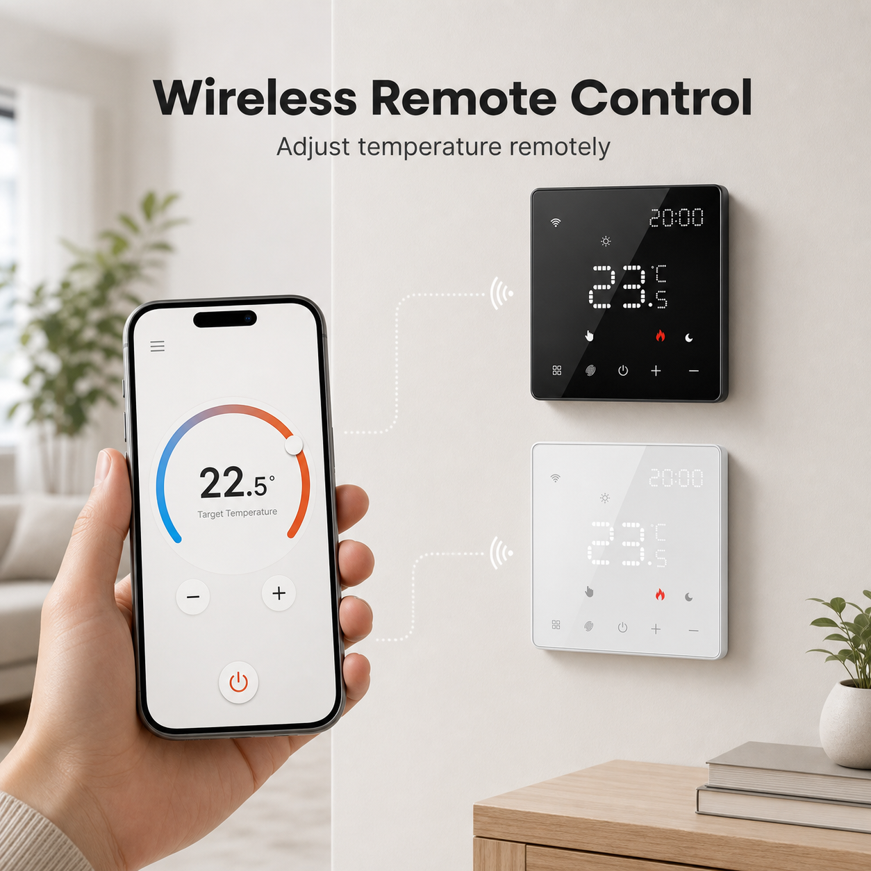 Contrôle sans fil du thermostat NéoPure Comfort depuis un smartphone avec interface générique.