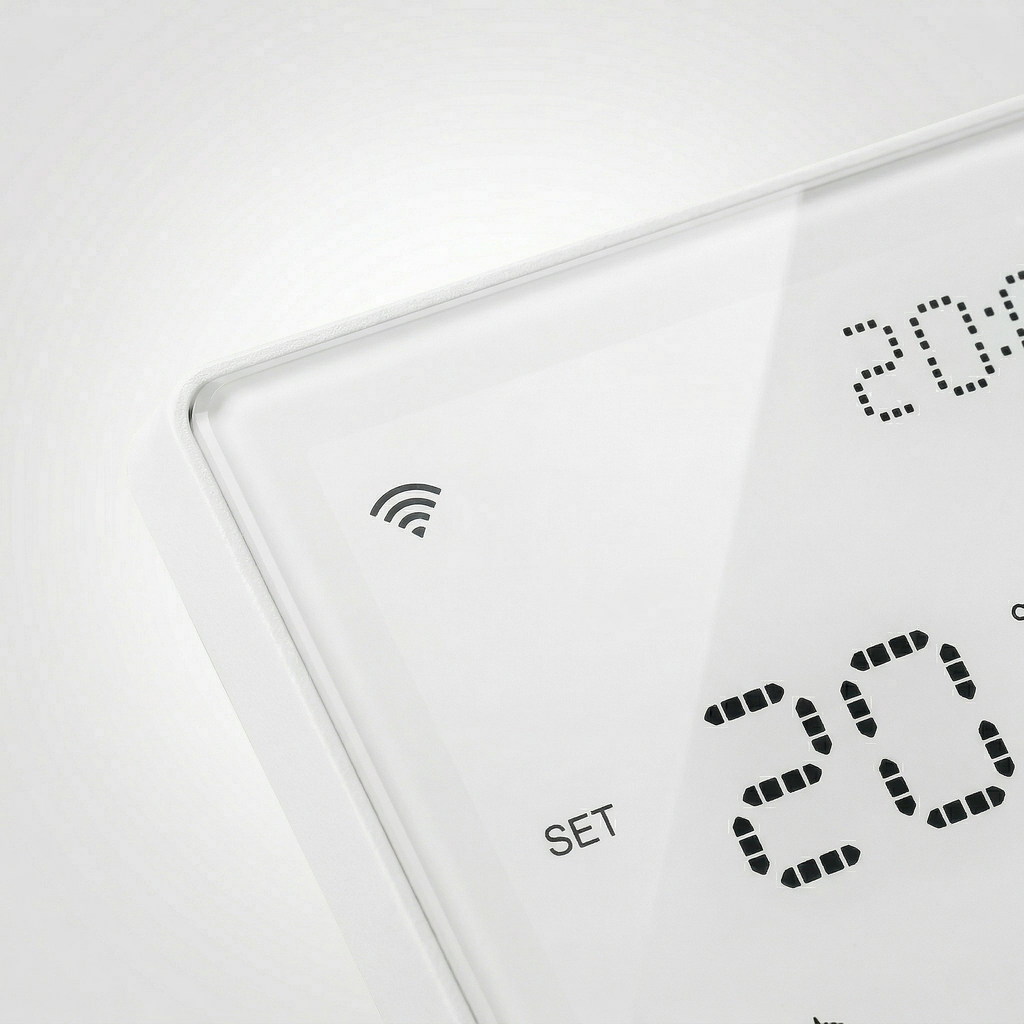 Gros plan du thermostat mural intelligent NéoPure Comfort blanc sur fond blanc, avec écran LED et symbole de connexion sans fil.