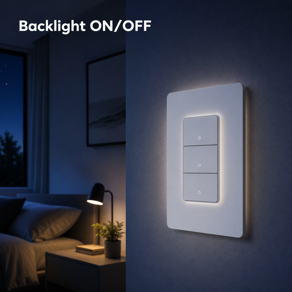 NéoPush Hybrid wall switch showing backlight on/off in a modern bedroom