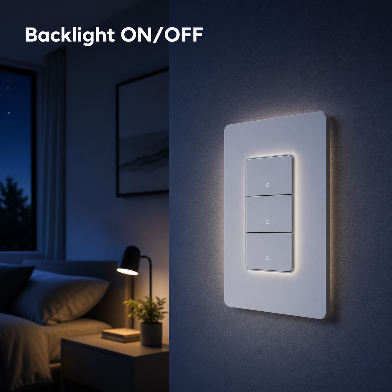 NéoPush Hybrid wall switch showing backlight on/off in a modern bedroom