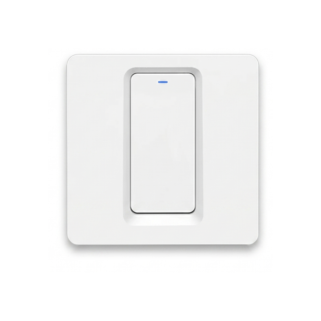 Interrupteur WiFi bouton-poussoir NéoPush Hybrid Comfort un canal avec fil neutre sur fond blanc.