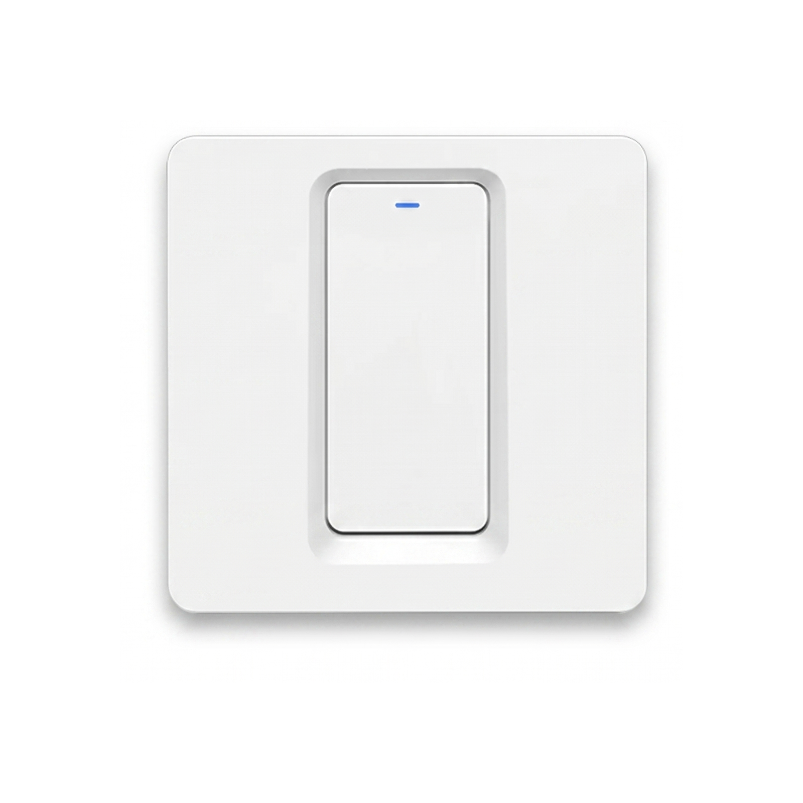 Interrupteur WiFi bouton-poussoir NéoPush Hybrid Comfort un canal avec fil neutre sur fond blanc.