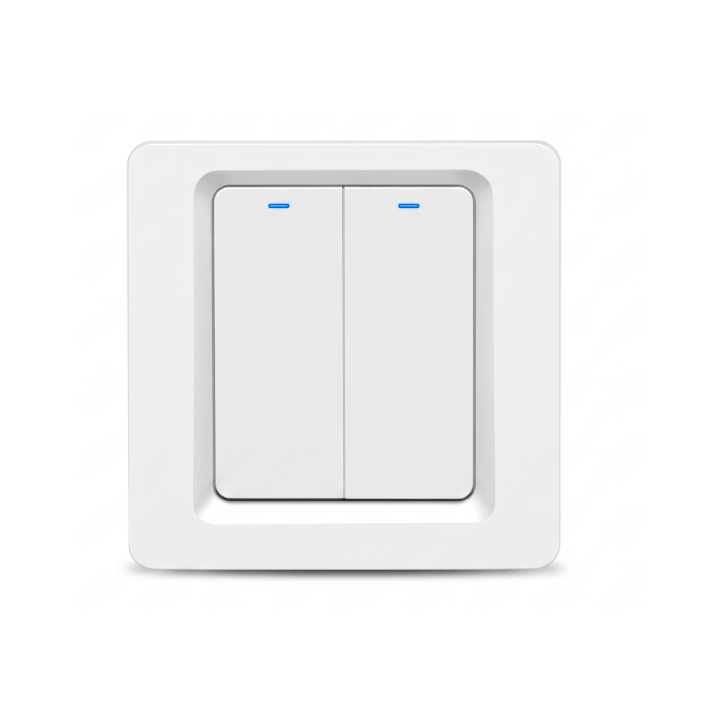 Interrupteur WiFi bouton-poussoir NéoPush Hybrid Comfort deux canaux avec fil neutre sur fond blanc.