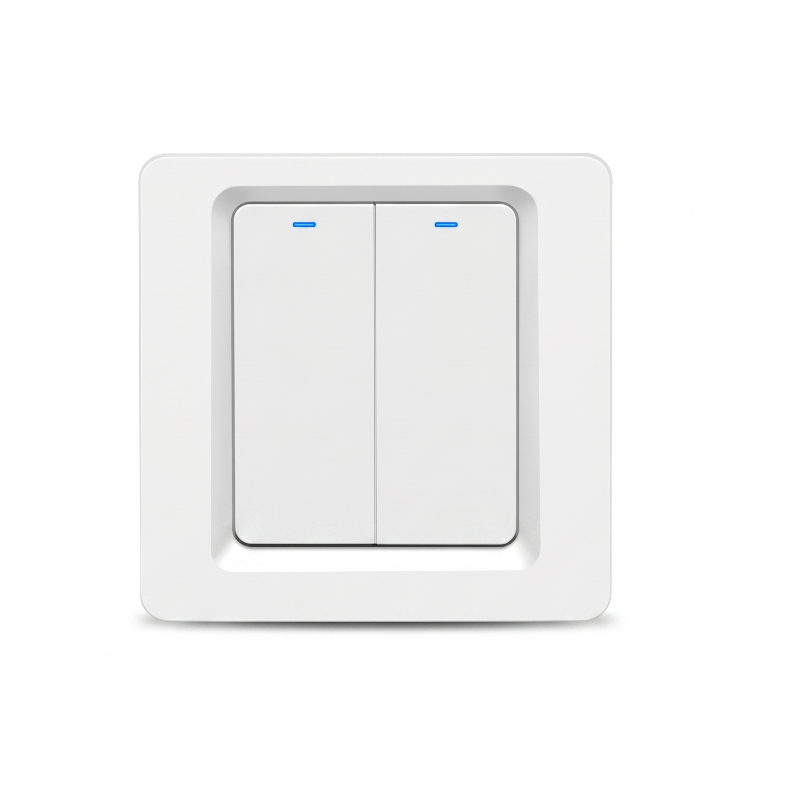 Interrupteur WiFi bouton-poussoir NéoPush Hybrid Comfort deux canaux avec fil neutre sur fond blanc.