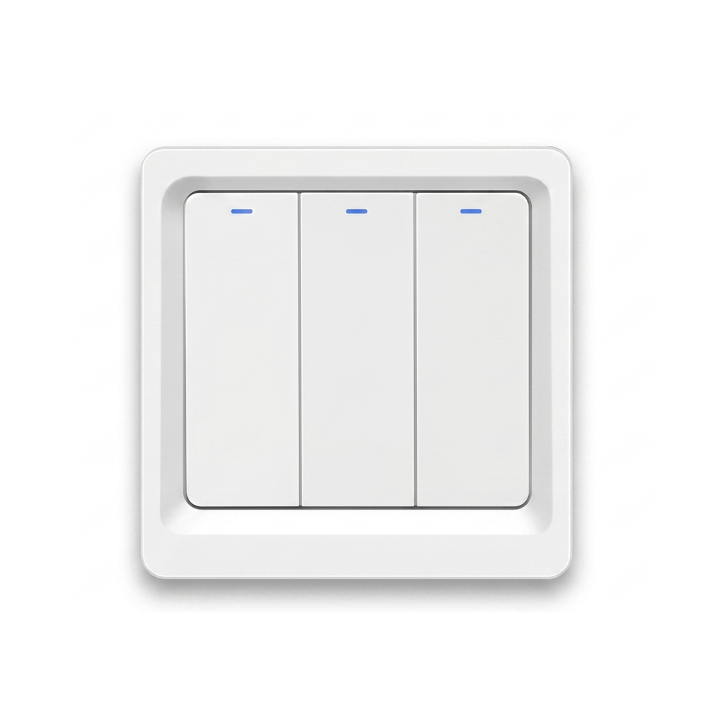 Interrupteur WiFi bouton-poussoir NéoPush Hybrid Comfort trois canaux avec fil neutre sur fond blanc.