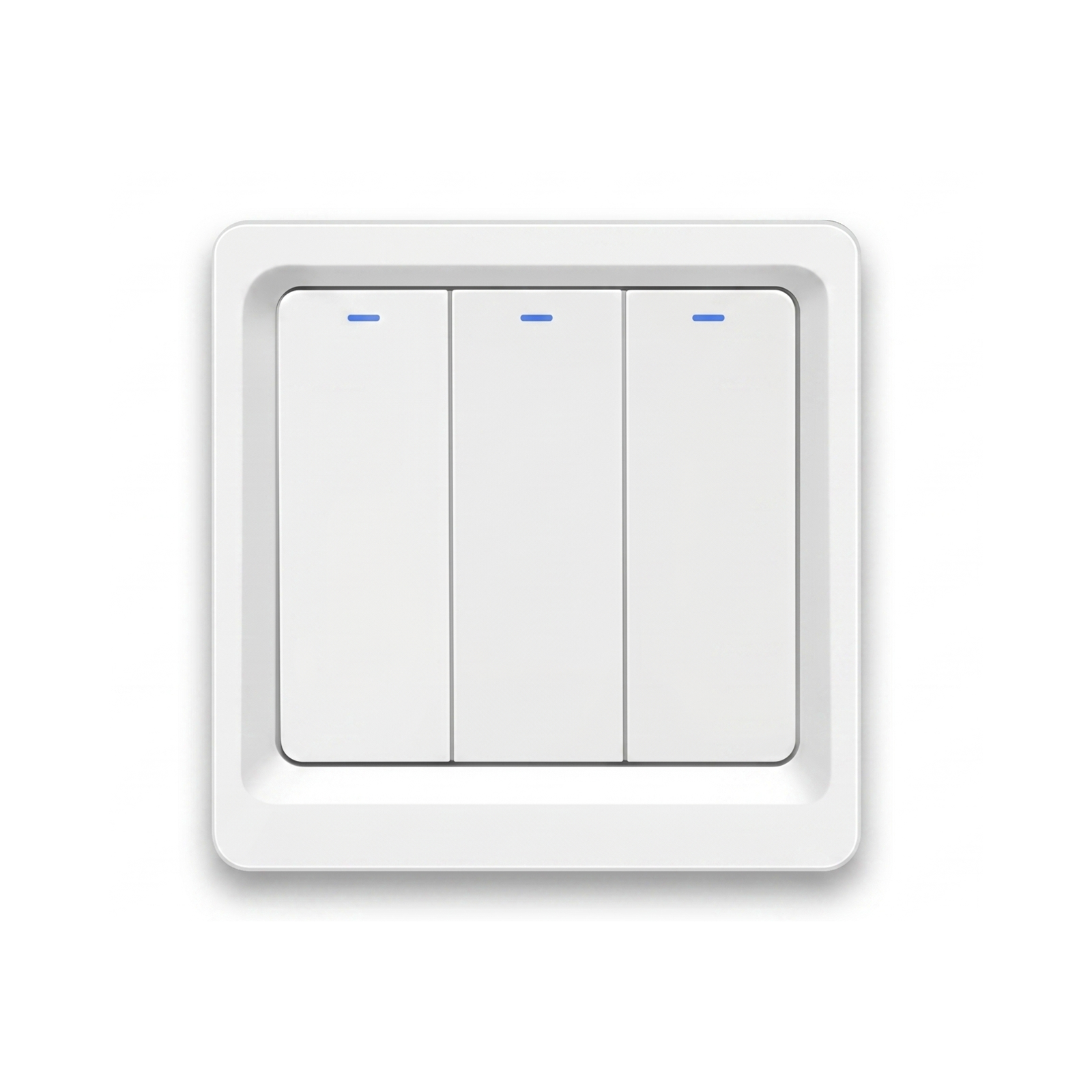 Interrupteur WiFi bouton-poussoir NéoPush Hybrid Comfort trois canaux avec fil neutre sur fond blanc.