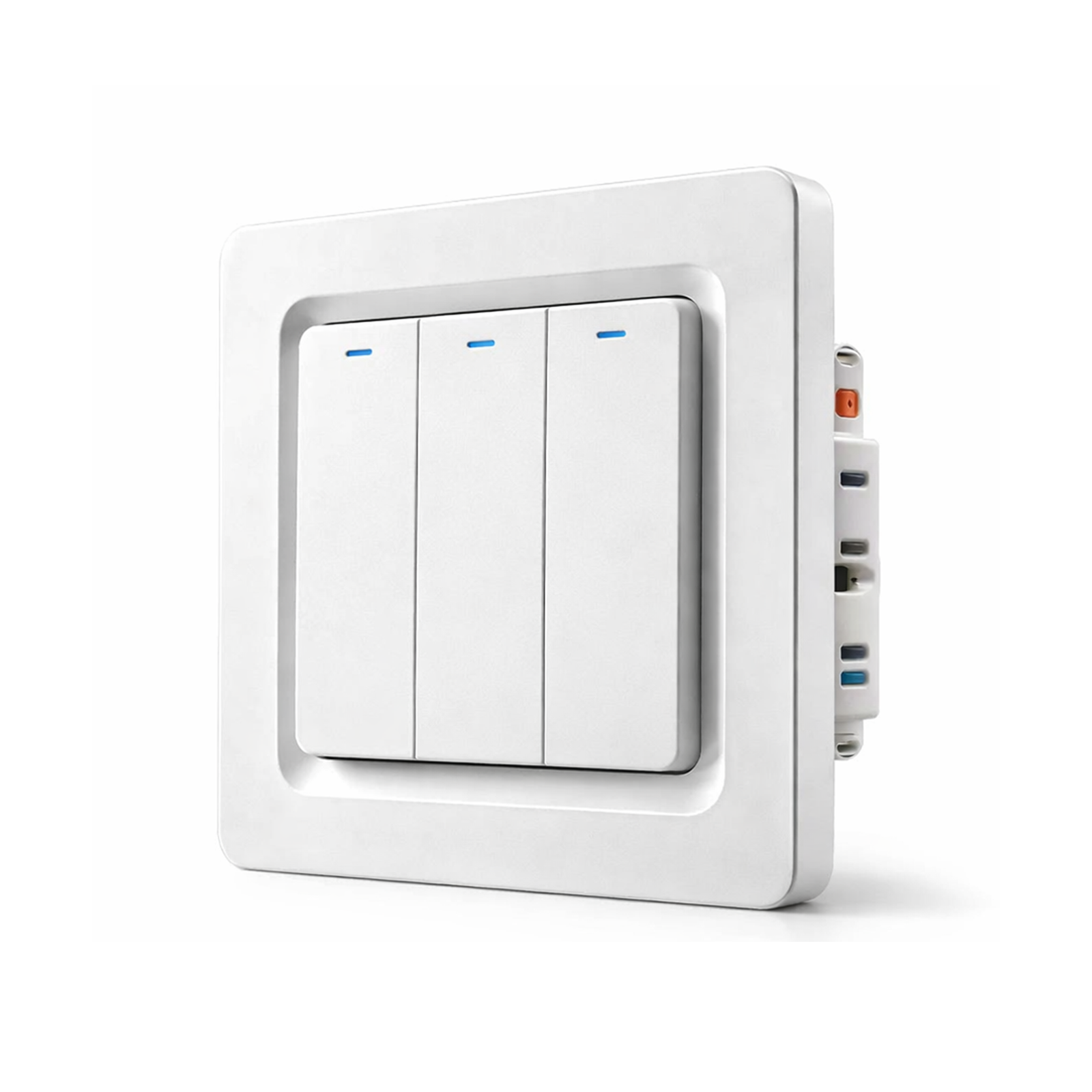 Interrupteur WiFi bouton-poussoir NéoPush Hybrid Comfort trois canaux en vue angled sur fond blanc.