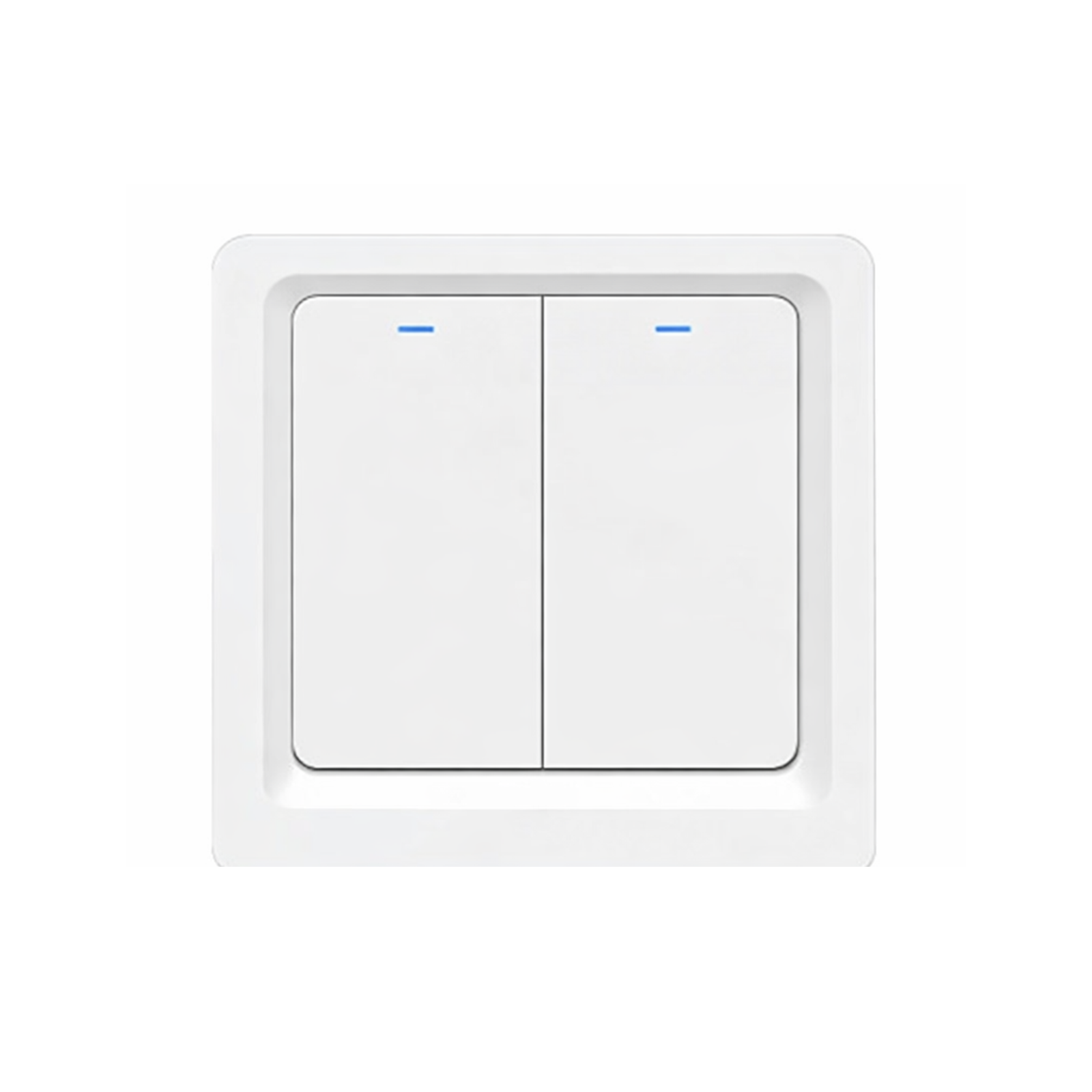 Interrupteur WiFi bouton-poussoir NéoPush Hybrid Comfort deux canaux sans fil neutre sur fond blanc.