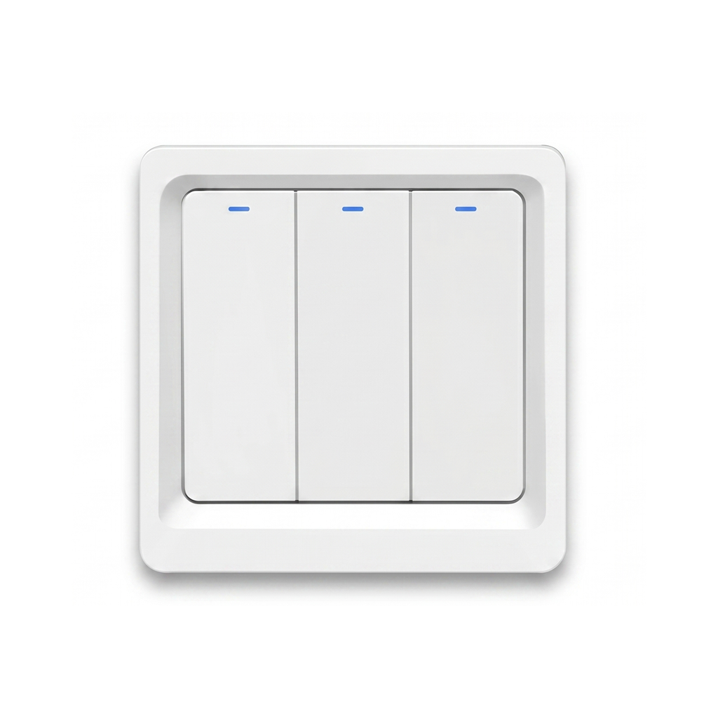 Interrupteur WiFi bouton-poussoir NéoPush Hybrid Comfort trois canaux sans fil neutre sur fond blanc.
