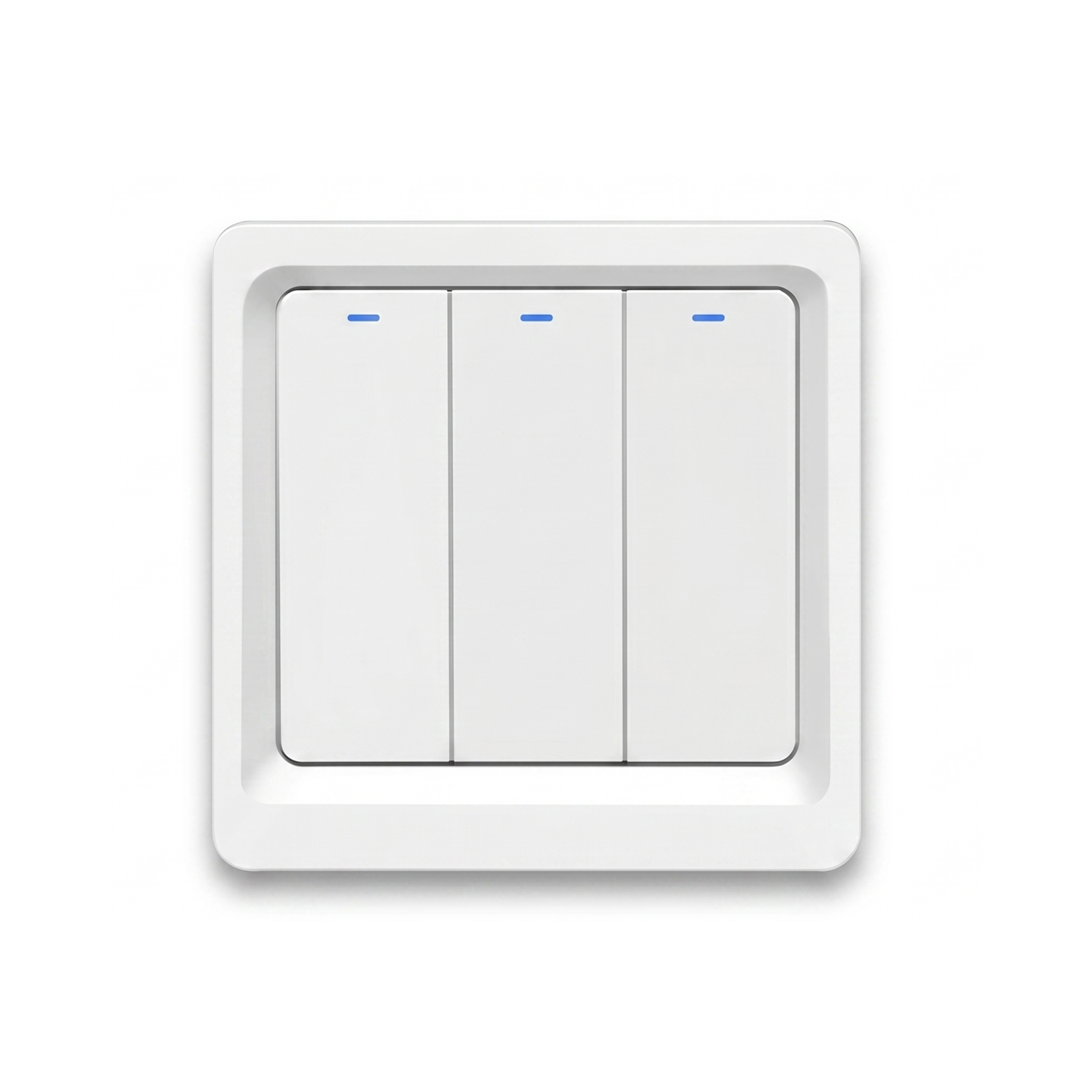 Interrupteur WiFi bouton-poussoir NéoPush Hybrid Comfort trois canaux sans fil neutre sur fond blanc.
