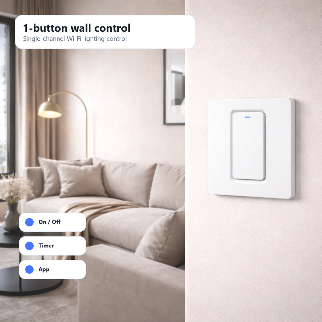 One-button NéoPush Hybrid Comfort switch in a living room wall scene