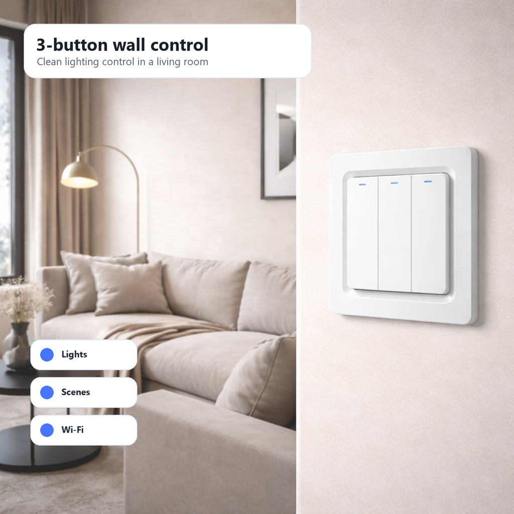Three-button NéoPush Hybrid Comfort switch in a modern living room