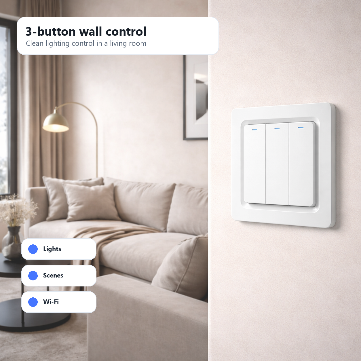 Three-button NéoPush Hybrid Comfort switch in a modern living room