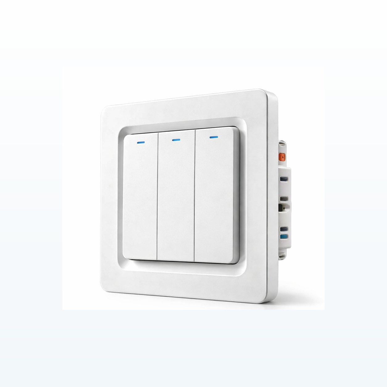 Studio packshot of NéoPush Hybrid Comfort three-channel WiFi push-button switch