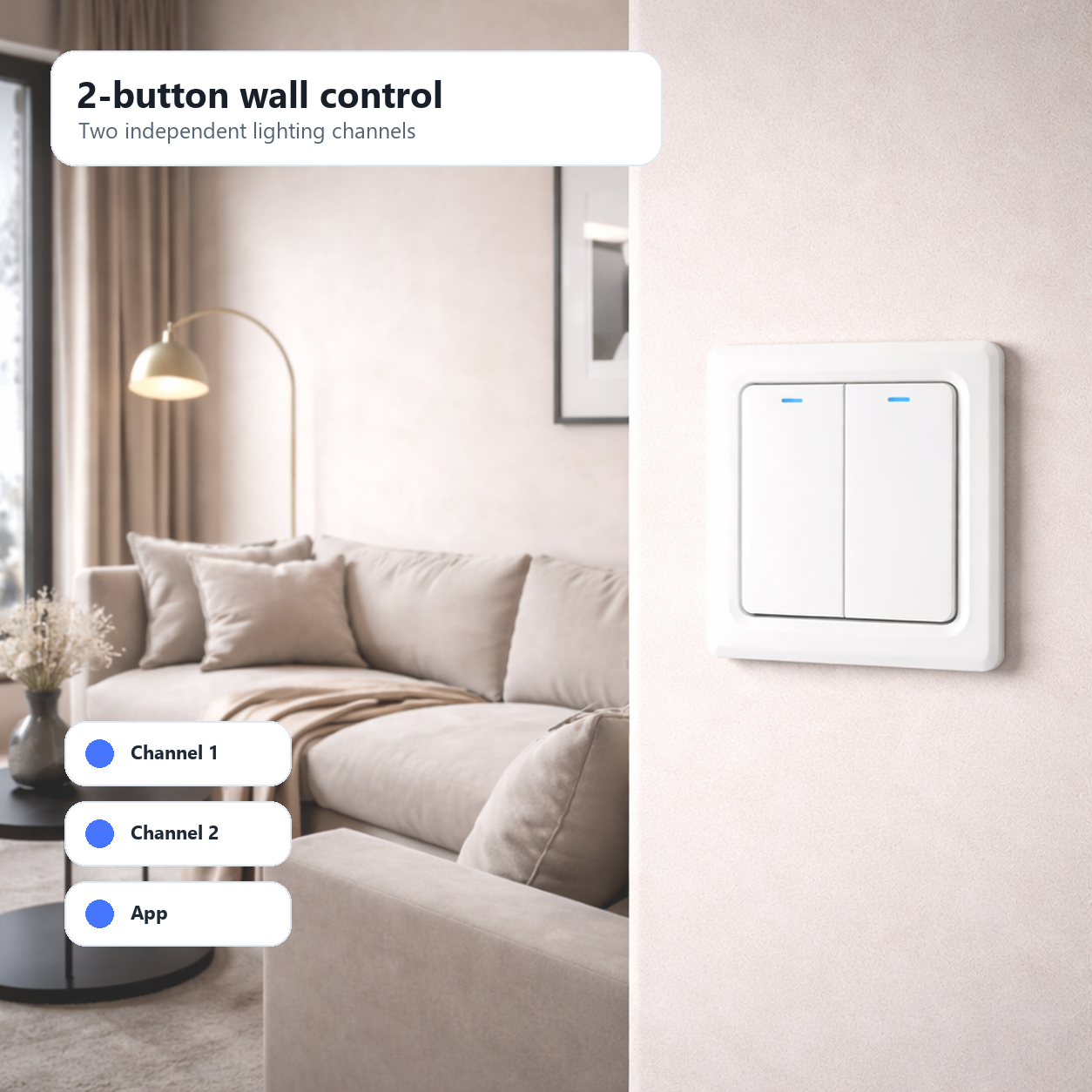 Two-button NéoPush Hybrid Comfort switch in a modern living room