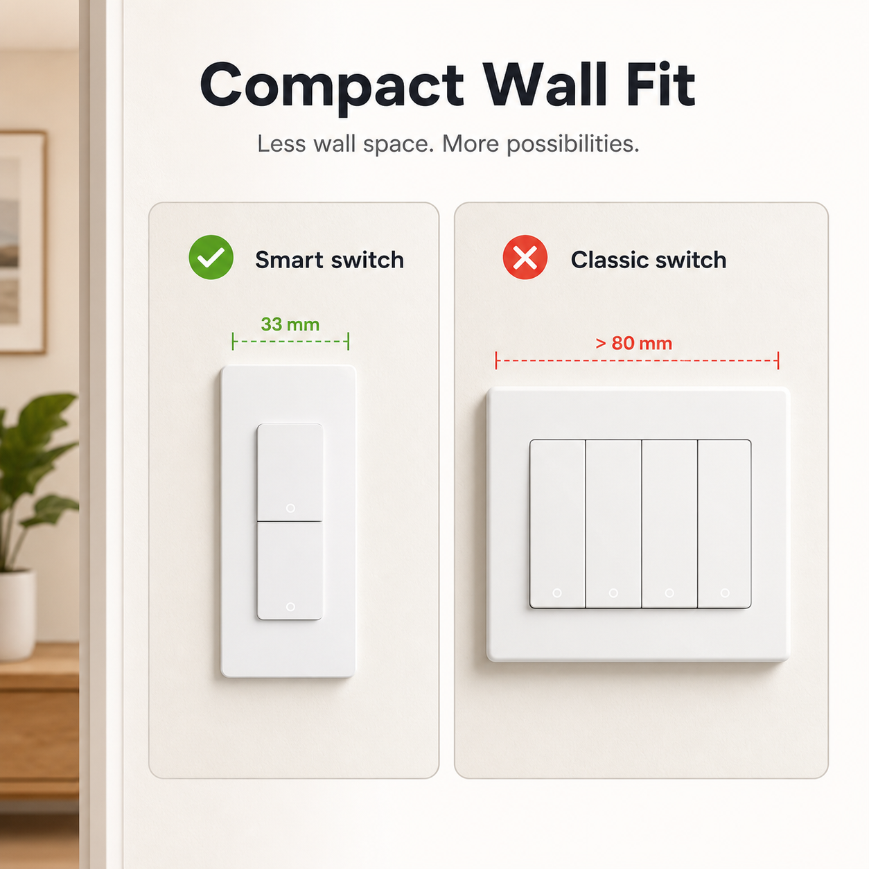 Compact wall fit comparison for NéoPush Hybrid Comfort US WiFi switch