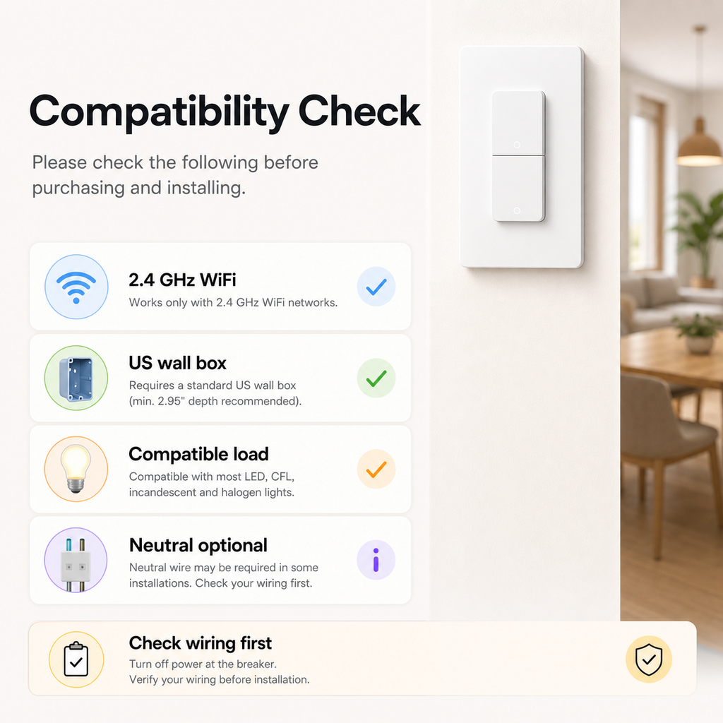 Compatibility checklist for NéoPush Hybrid Comfort US WiFi switch