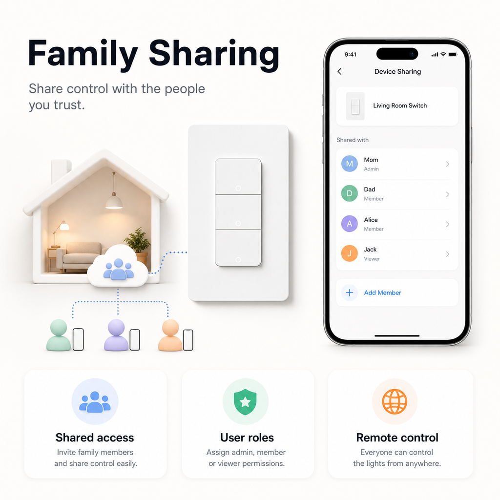 Family sharing app access for NéoPush Hybrid Comfort US WiFi wall switch
