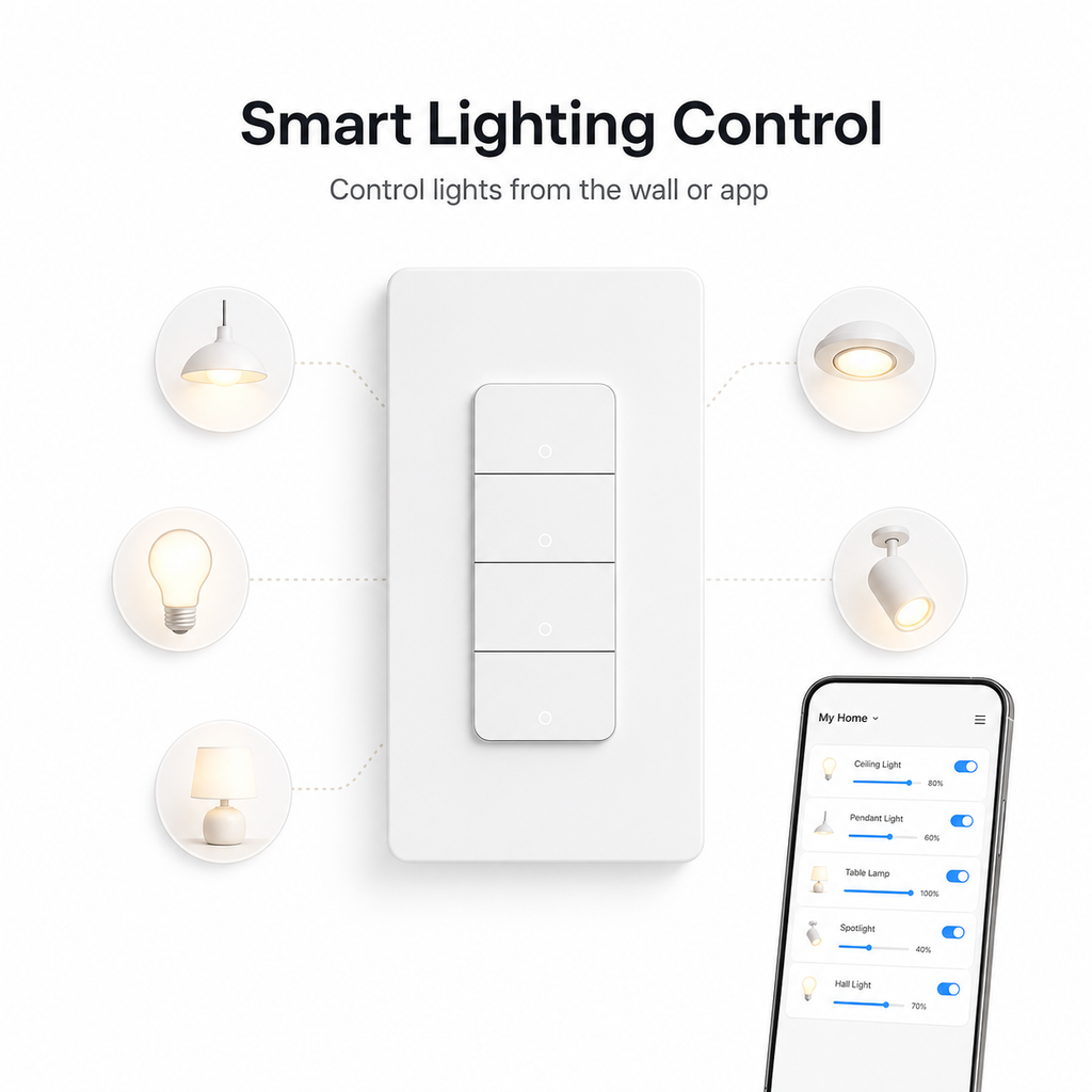 Smart lighting control graphic for NéoPush Hybrid Comfort US WiFi switch