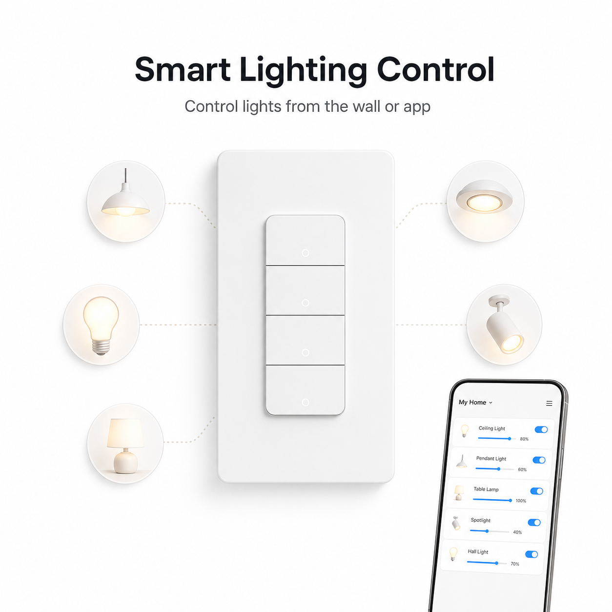 Smart lighting control graphic for NéoPush Hybrid Comfort US WiFi switch
