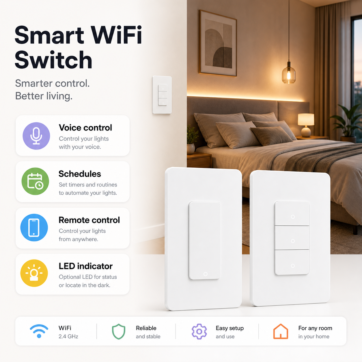 Smart WiFi feature overview for NéoPush Hybrid Comfort US wall switch