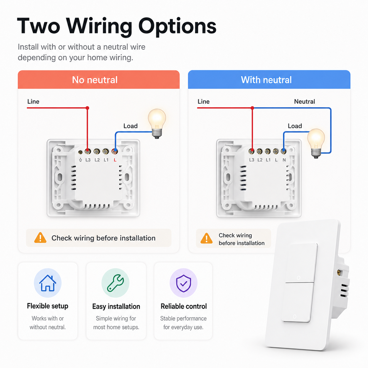 Two wiring options diagram for NéoPush Hybrid Comfort US WiFi wall switch