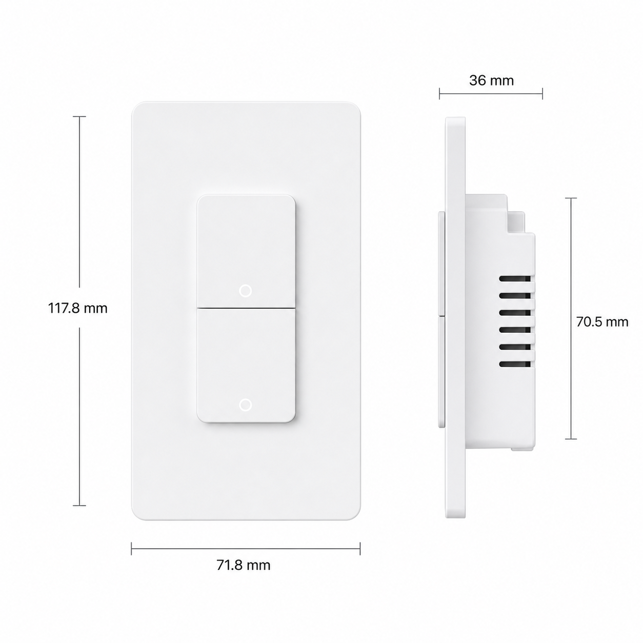 Dimensions diagram for NéoPush Hybrid Comfort US WiFi wall switch