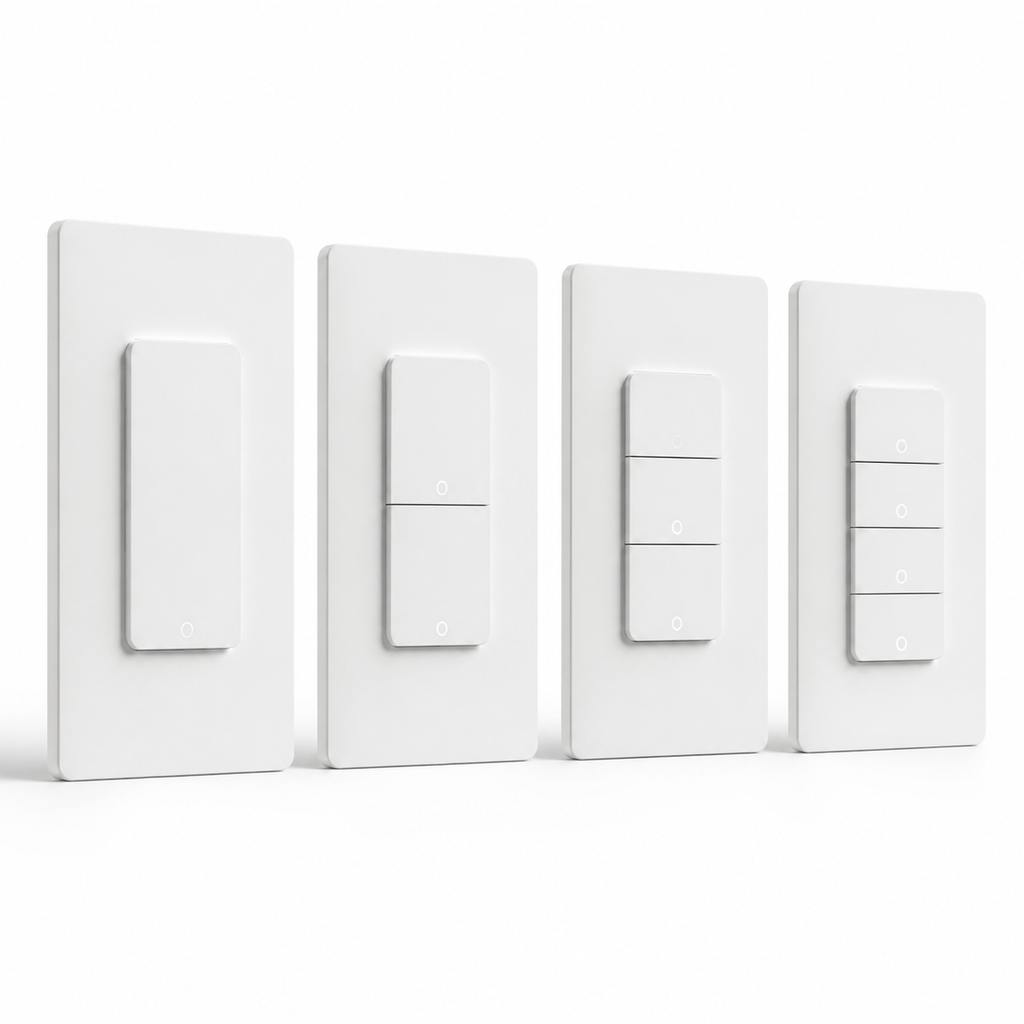 White NéoPush Hybrid Comfort US WiFi switch variants with one to four buttons
