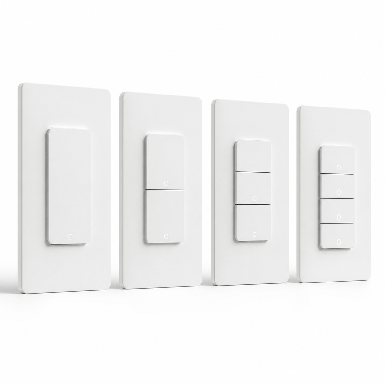 White NéoPush Hybrid Comfort US WiFi switch variants with one to four buttons