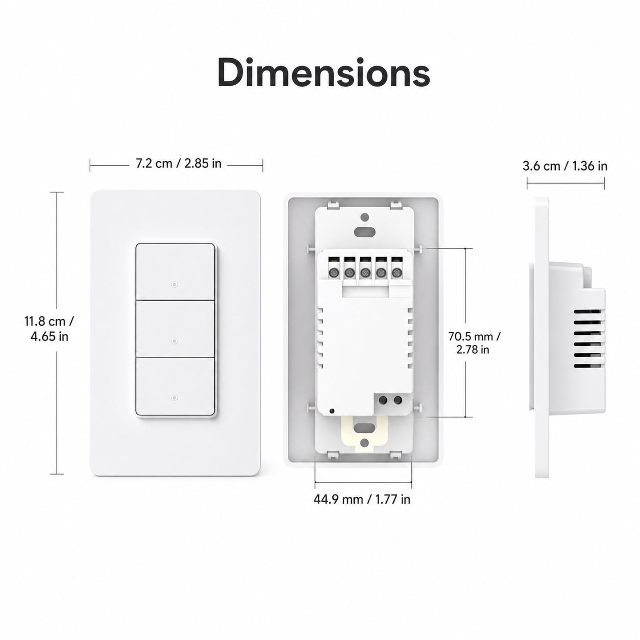 Technical dimensions diagram for NéoPush Hybrid wall switch