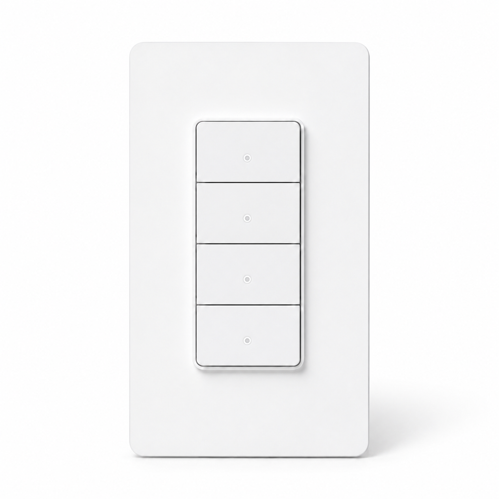 Studio packshot of NéoPush Hybrid four-button white wall switch