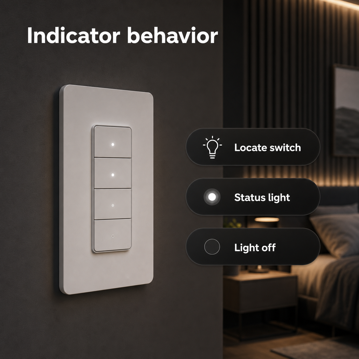Indicator light behavior modes for NéoPush Hybrid wall switch