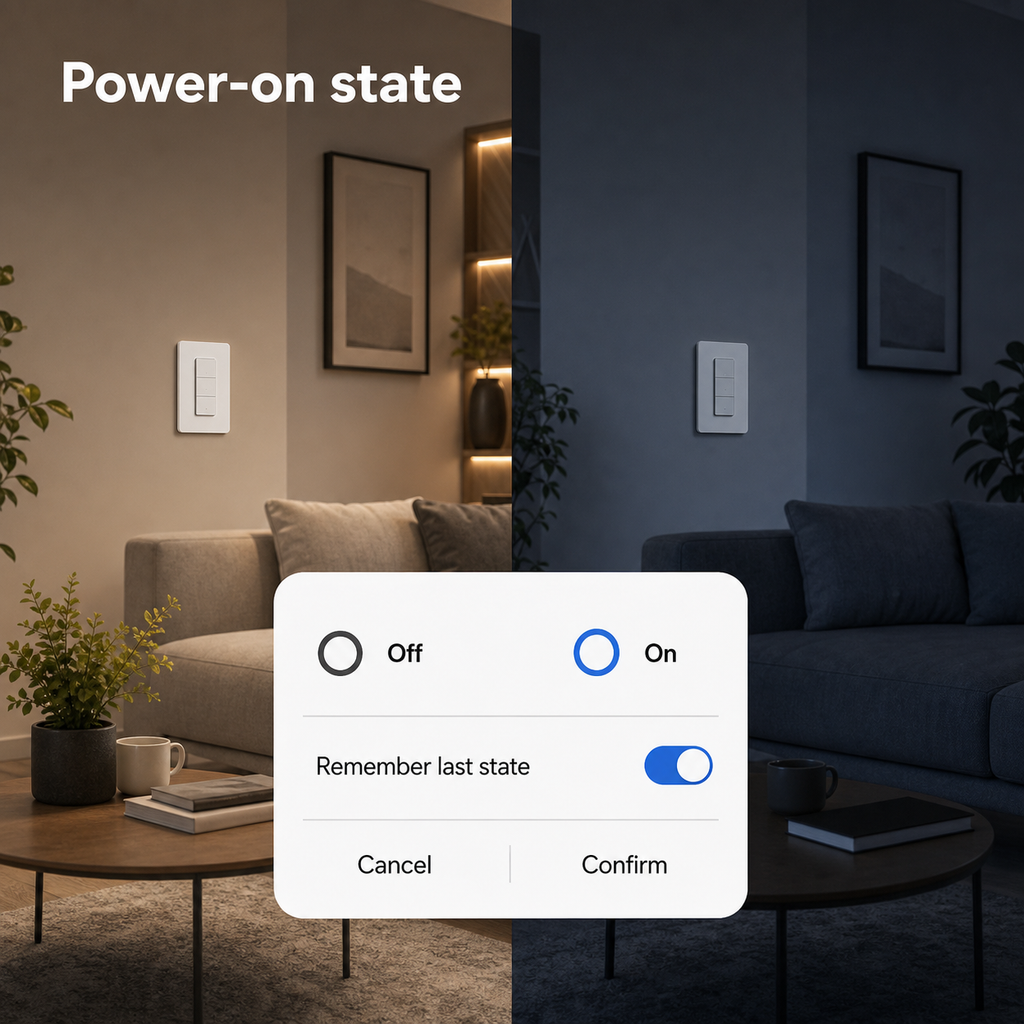 Power-on state memory settings for NéoPush Hybrid wall switch