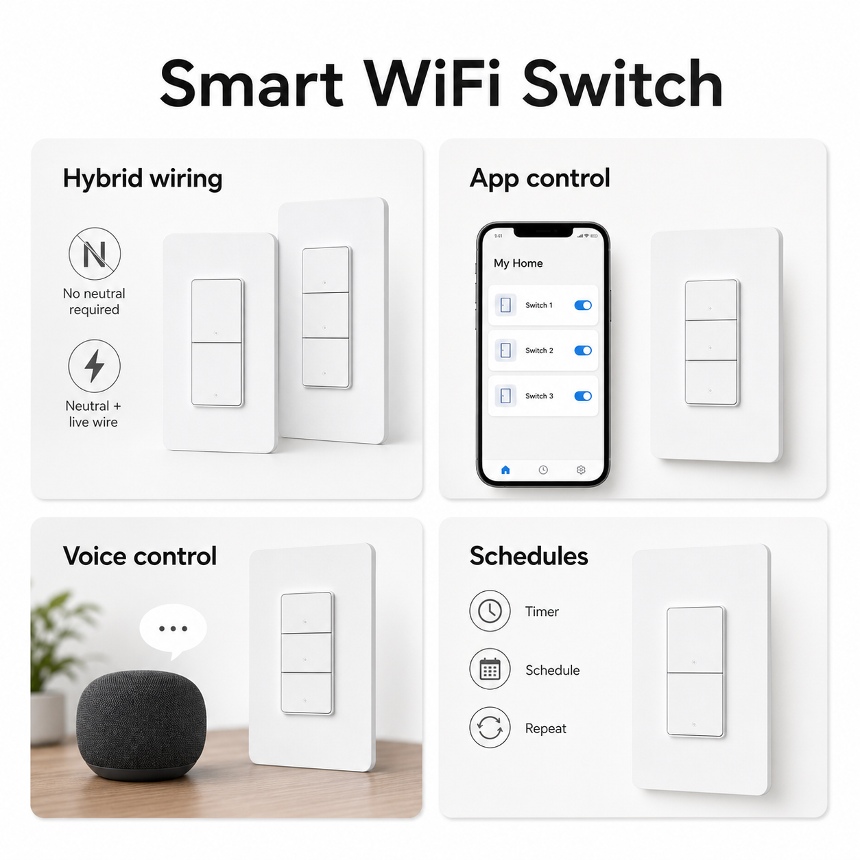 Feature overview for NéoPush Hybrid smart WiFi wall switch