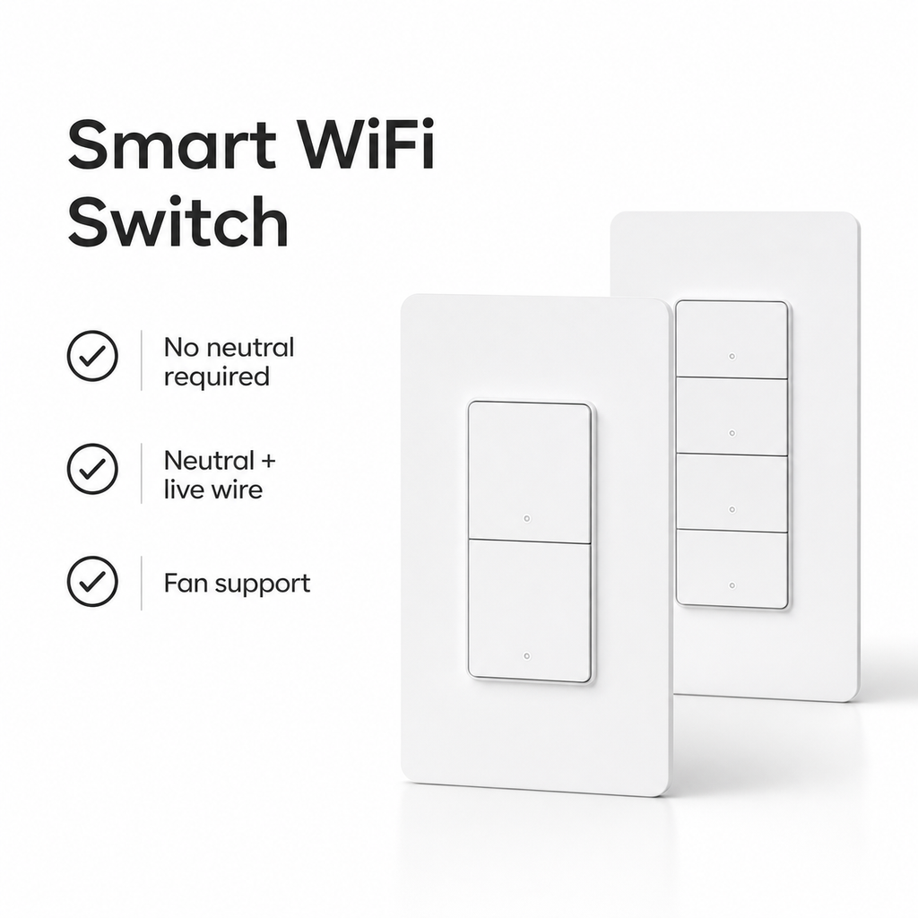 Smart WiFi switch feature image showing no neutral wiring and fan support