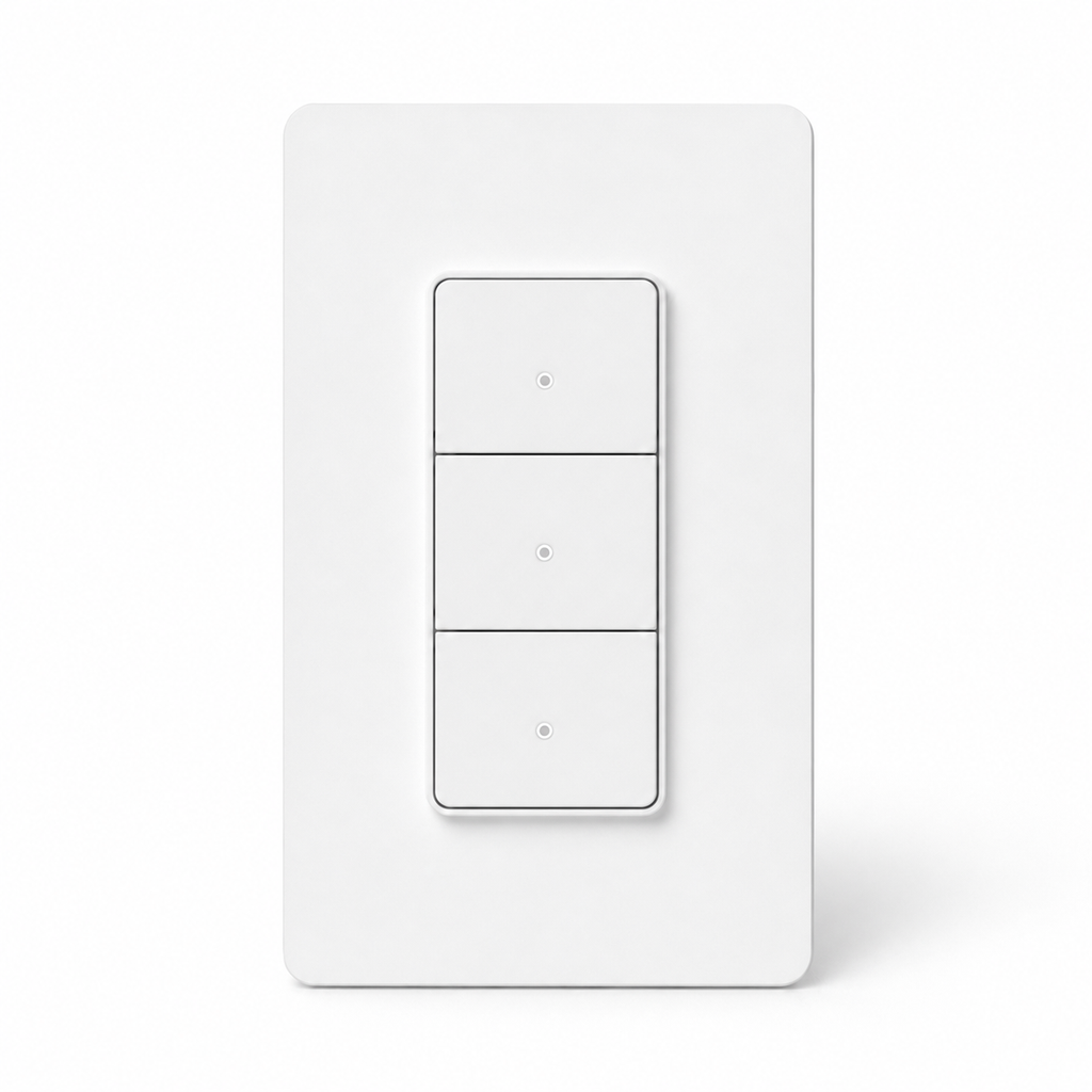 Studio packshot of NéoPush Hybrid three-button white wall switch
