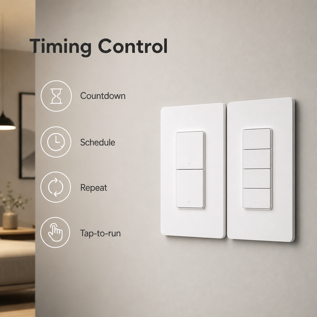 Timing control feature image for NéoPush Hybrid WiFi wall switch
