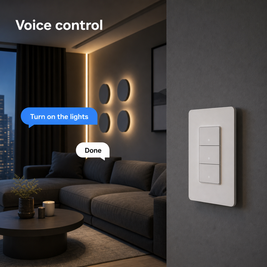 Voice control scene with NéoPush Hybrid wall switch in a modern living room